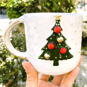 Handmade Christmas Tree Mug – Gold Accent Holiday Coffee Cup, 12oz 16 Fluid ounces