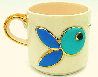 Handmade Mug, 24K Real Gold, Turqoise Fish Mug, 240 ml mug, 24k Gold Handmade Mug, Cup, Mug