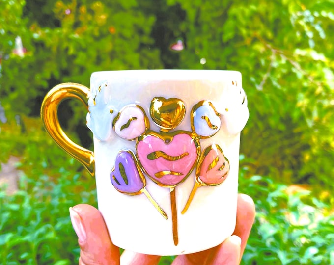 Gold mug heart mug gift mug, luxury gold coffee mug, 24k gold heart cup with gold handle, handmade luxury gift