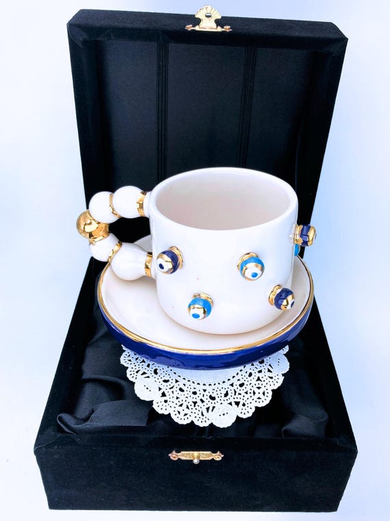 Handmade Evil Eye Coffee Mug: 24K Gold Ceramic, Velvet Box Gift - Etsy