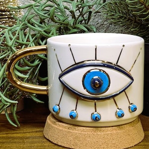 24k gold Evil Eye Mug, Evil Eye Cup, 8 oz mug, Evil Eye Coffee Mug, Evil Eye Coffee cup, cute mug, latte mug, latte mugs, handmade mug, mug