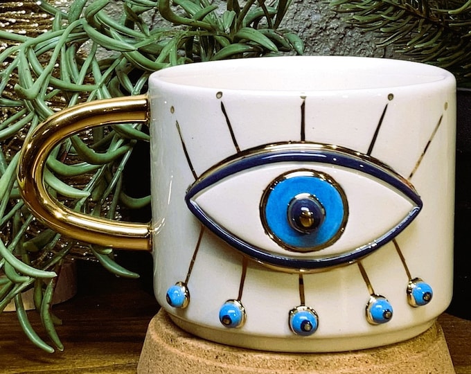 24k gold Evil Eye Mug, Evil Eye Cup, 8 oz mug, Evil Eye Coffee Mug, Evil Eye Coffee cup, cute mug, latte mug, latte mugs, handmade mug, mug