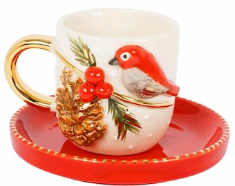 Handmade 24K Gold Red Christmas Cup with Saucer, Bird Ceramic Mug 7 oz