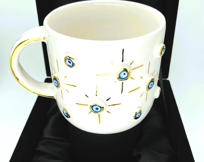 Evil Eye Mug Personalized Gold Handmade Coffee Cup 16oz Protective Spiritual Unique Gift in Velvet Gift Box CelineWonders CelinesWonders