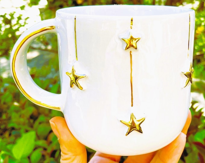 Gold mug star mug gift mug, luxury gold coffee mug 24k gold, gold handle housewarming cup, handmade gold rim ceramic mug, 16 oz