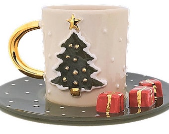 Handmade Mug, 24K Gold, Christmas Tree Mug, 4.5 fl oz mug, 140 ml mug, Handmade Christmas Mug, Christmas Mug, Mug, Gold Mug, Christmas Mugs