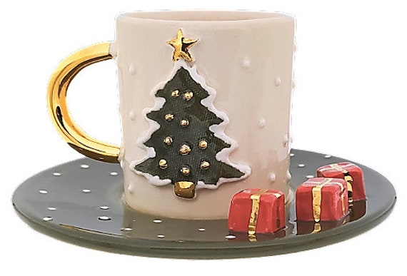 24K Gold Christmas Tree Mug: Handmade Ceramic Coffee Cup, 5 oz