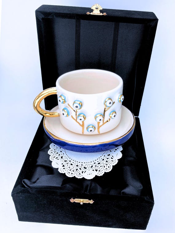 Handmade Evil Eye Coffee Mug: 24k Gold Tree of Life, Velvet Box, 7 