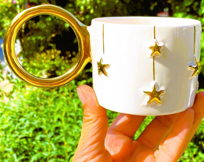 Handmade 24k Gold Star Mug — Christmas Coffee Cup, Elegant Holiday Gift, Modern Ceramic Office & Teacher Present