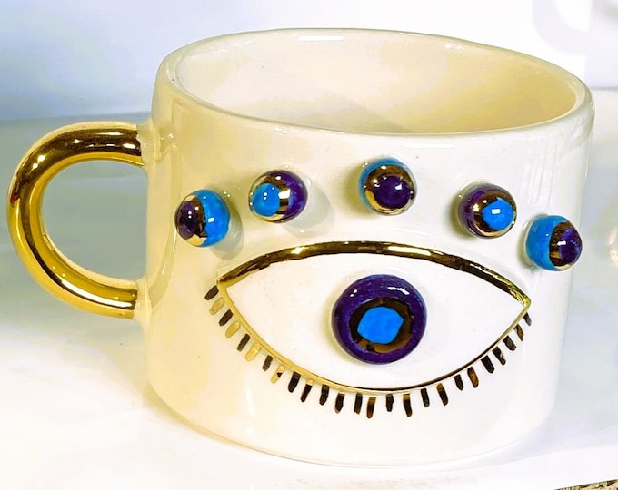 Evil Eye Mug, Gold Handmade Eye Cup, Spiritual Coffee Mug, Unique Ceramic Protective Gift, 10 fl oz