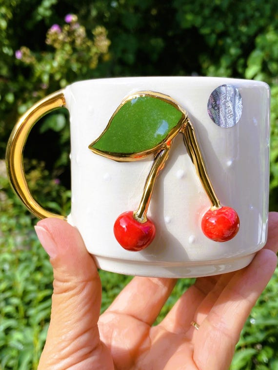 Handmade Cherry Mug: 24K Gold Christmas Gift