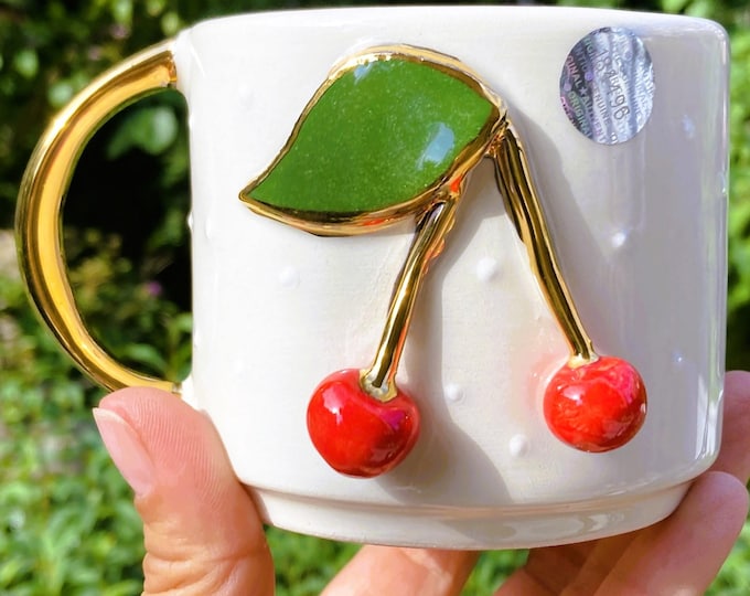 Cherry mug handmade cute fruit coffee cup 8 oz gold detail cherry latte tea mug