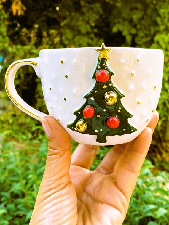 Handmade Christmas Tree Mug – Gold Accent Holiday Coffee Cup, 12oz