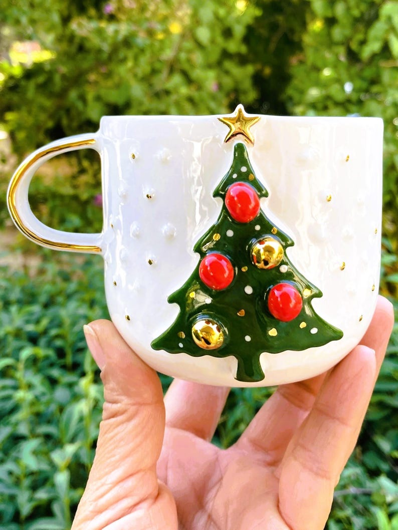 Handmade Christmas Tree Mug – Gold Accent Holiday Coffee Cup, 12oz image 5