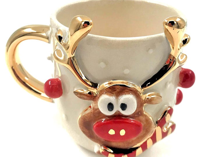 Christmas Mug Reindeer Coffee Mug • Handmade Ceramic Holiday Deer Cup with 24k Gold Accents • Festive Gift for Teacher Coworker Friend