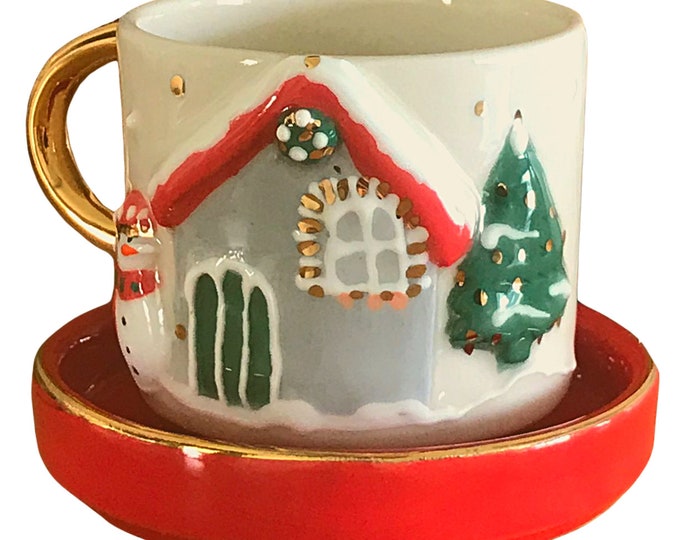 Gingerbread Mug – 24 K Gold Holiday Cocoa Cup, Festive Gingerbread House Coffee Lover Gift, Christmas & Housewarming Treat