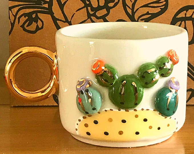 Gold Mug Cactus Mug Gift Mug, Luxury Mug Gold Coffee 24 K Gold Handle, Luxury Coffee Gold Tea Cactus Cup Housewarming