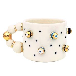 Handmade Ceramic Evil Eye Mug: 24K Gold Detail, 7 oz