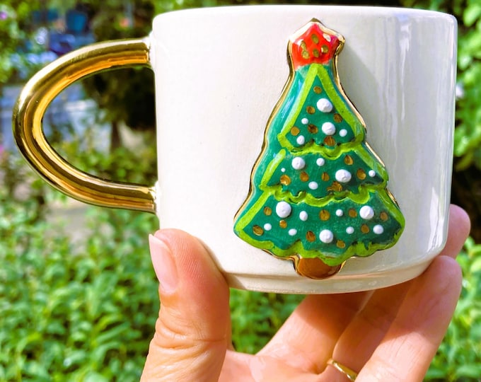 Christmas mug, christmas tree mug, pine tree mug, santa mug, christmas coffee mug, handmade christmas mug, christmas, tree mug, 24k gold mug
