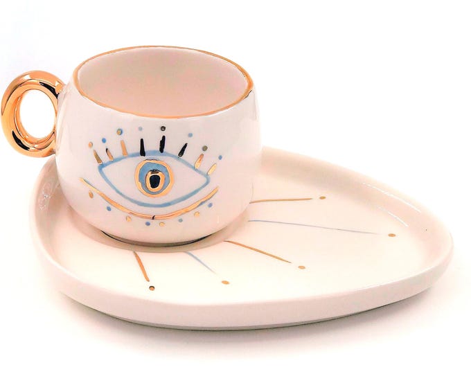 Evil Eye Mug, Evil Eye Cup, Handmade Mug, Evil Eye Coffee Mug, Gold Mug, Evil Eye Coffee Cup, cute mug, eye mug, 24k gold mug
