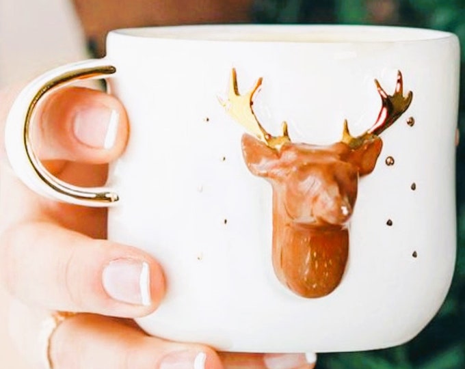 Christmas mug, reindeer mug, santa's reindeer mug, christmas reindeer mug, reindeer cup, deer mug, deer cup, christmas, elk mug, gold mug