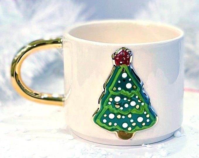 Christmas mug, christmas tree mug, pine tree mug, santa mug, christmas coffee mug, handmade christmas mug, christmas, tree mug, 24k gold mug