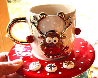 Christmas Gifts: Reindeer Mug with Gold & Saucer, Gifts for Her