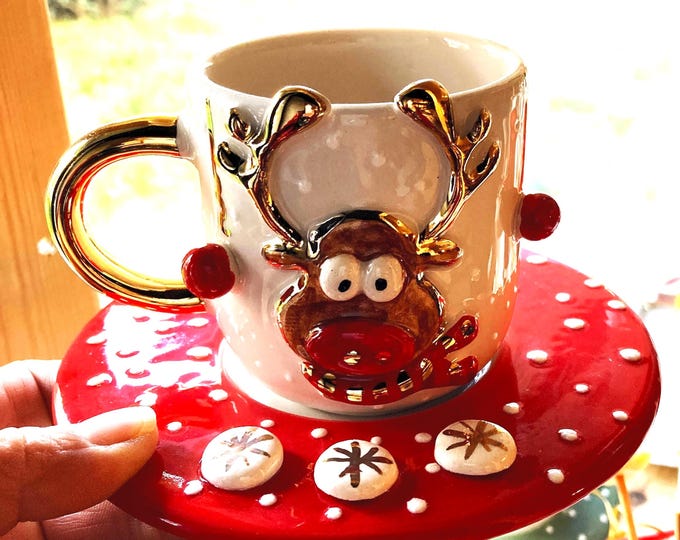 Christmas Mug Reindeer Coffee Mug • Handmade Ceramic Holiday Deer Cup with 24k Gold Accents • Festive Gift for Teacher Coworker Friend
