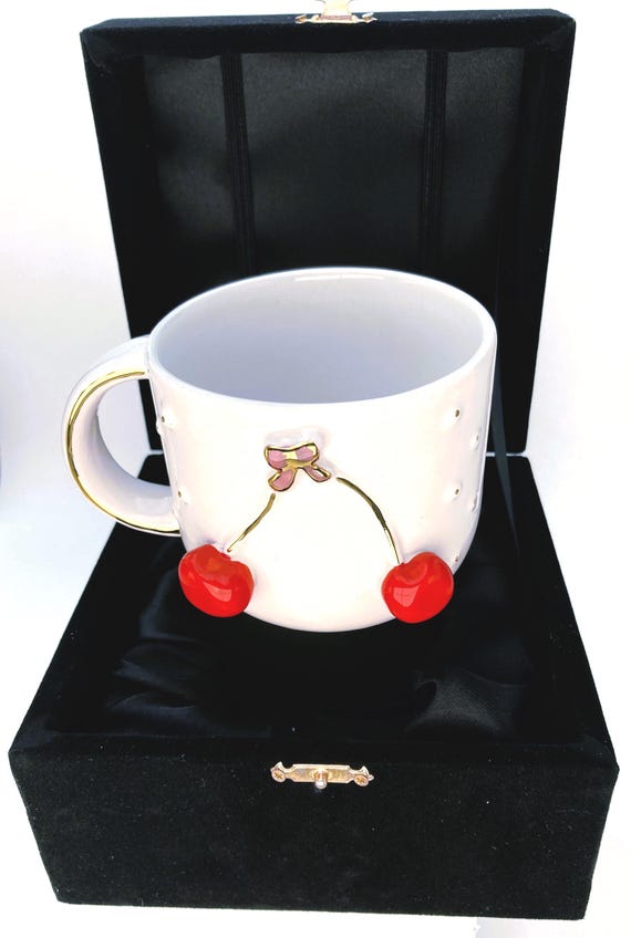 Velvet Box Cherry Mug: 24K Gold Accents, Luxury Coffee Cup