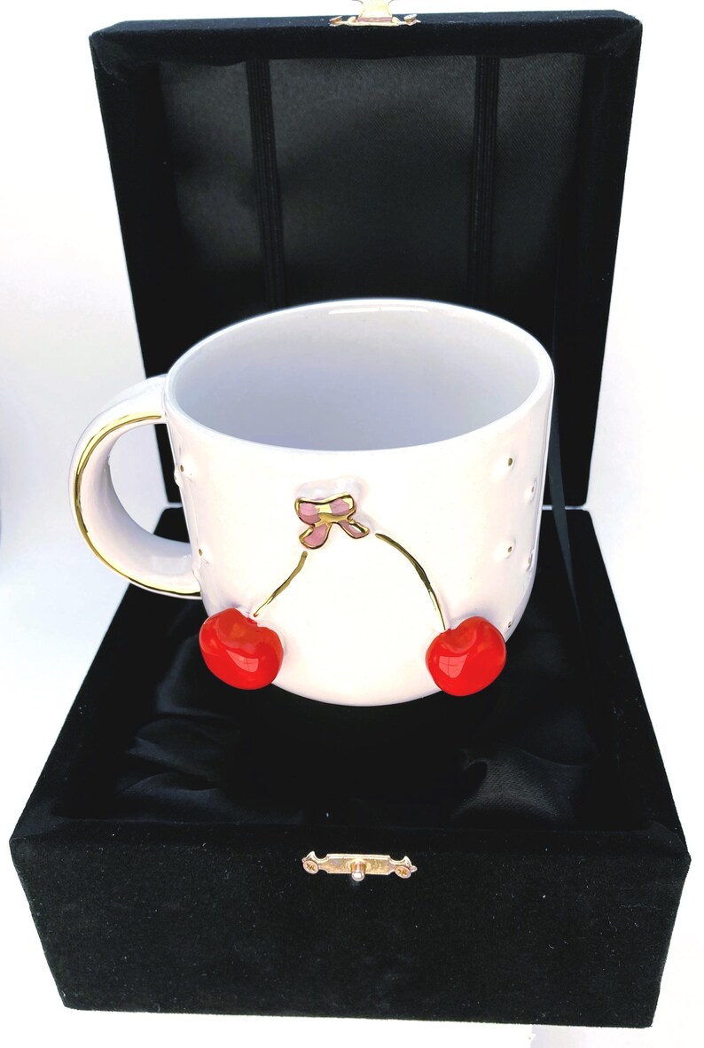 Velvet Box Cherry Mug: 24K Gold Accents, Luxury Coffee Cup image 1