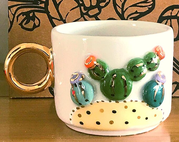 Gold Mug Cactus Mug Gift Mug, Luxury Mug Gold Coffee 24 K Gold Handle, Luxury Coffee Gold Tea Cactus Cup Housewarming