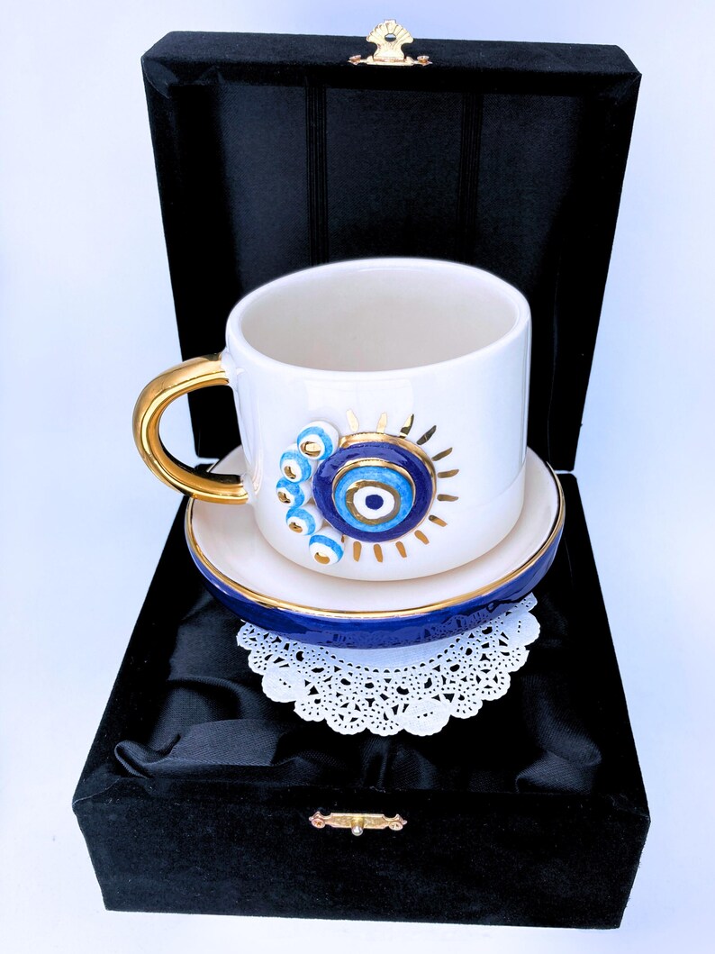Handgefertigter Kaffeebecher mit bösem Blick: Keramikbecher aus 24-karätigem Gold, 295 ml 10 Flüssigkeitsunzen