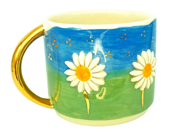 Gold Mug Daisy Flower Gift Mug, Luxury Gold Coffee Cup 24 K Gold Handle, Floral Gold Tea Housewarming Ceramic Luxury Mug