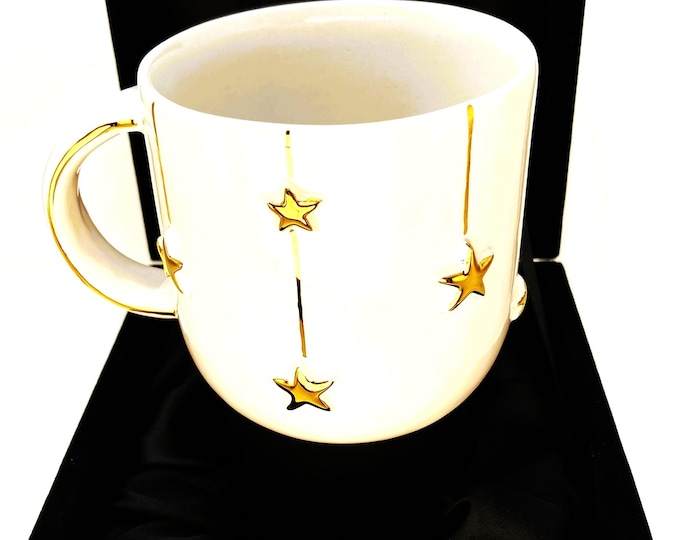 Gold mug star mug gift mug, luxury gold coffee mug 24k gold, gold handle housewarming cup, handmade personalized mug velvet gift box, 16 oz