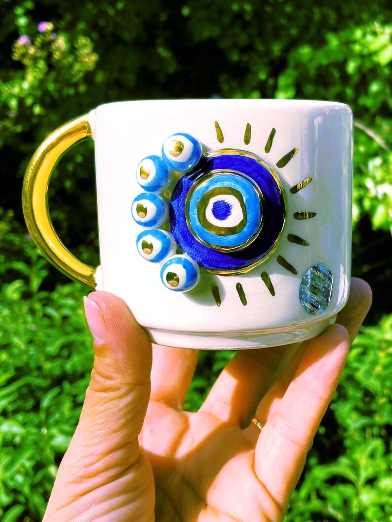 Handgefertigter Kaffeebecher mit bösem Blick: Keramikbecher aus 24-karätigem Gold, 295 ml 9 Flüssigkeitsunzen