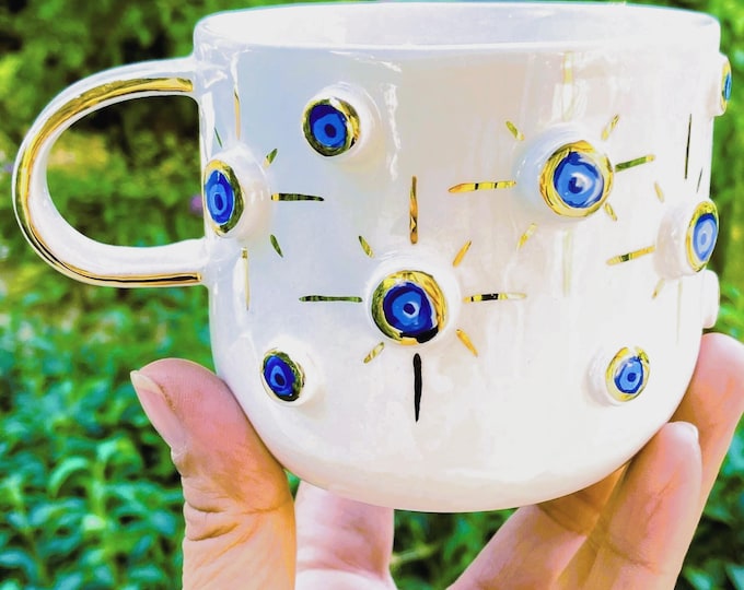 Gold Mug Gift Mug Luxury Mug Gold Coffee Mug Evil Eye Cup Housewarming Good Luck Protection Mug, 10 fl oz