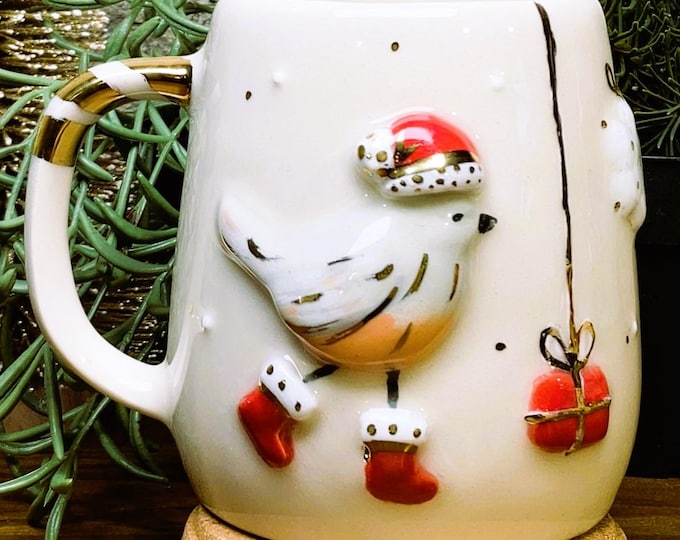 Christmas mug gold santa holiday coffee mug 14 oz cute cozy winter xmas cup handmade luxury gift, 42ECHB