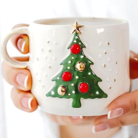 24k Gold Christmas Tree Mug: Handmade Ceramic Holiday Coffee Cup