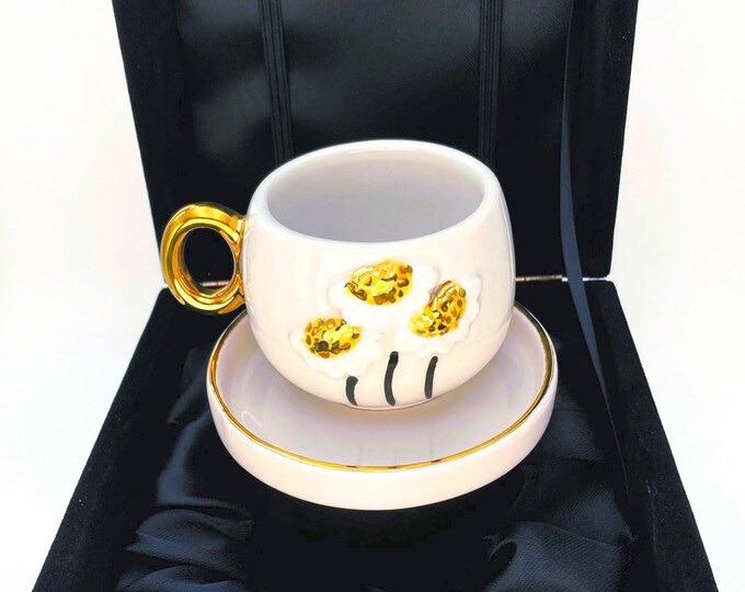 Daisy Mug Personized Floral Espresso Cup Luxury Gold Coffee 24K Gold Ceramic Gift Handmade Gold Handle, 3 oz, Velvet Gift Box, Ready to ship