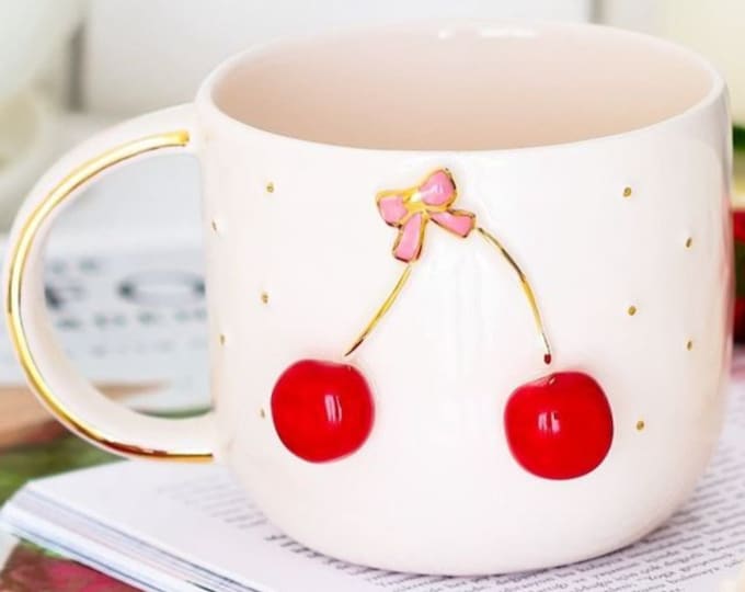 Gold Mug Cherry Mug Gift Mug, Luxury Mug Gold Coffee 24 K Gold Handle, Luxury Coffee Mug Gold Tea Cherry Cup, 10 fl oz