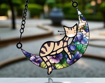 Sleeping Cat on Moon Suncatcher: Pet Memorial Gift
