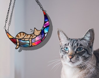 Handcrafted Suncatchers, Personalized Sleeping Cat On Moon Acrylic Windows Hangings, Cat Decoration, Cat Memorial Gifts, Pearl
