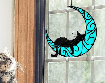 Pet Memorial Gift Cat Suncatchers, Personalized Sleeping Cat On Moon Acrylic Windows Hangings, Cat Decoration, Cat Memorial Gifts, Pearl