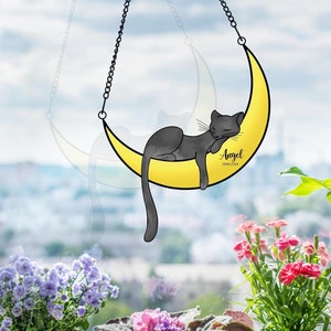 Cadeau commémoratif pour animal de compagnie Ca Suncatcher, cadeau de sympathie pour la perte d'un animal de compagnie | Décoration de chat avec nom personnalisé fait main, cadeau d'amoureux des chats gravé pour l'anniversaire d'une mère