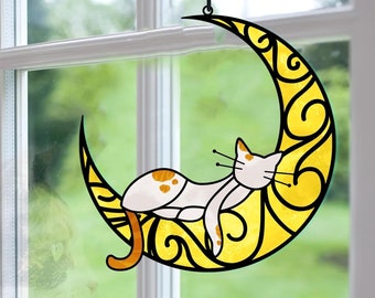Pet Memorial Gift Cat Suncatchers, Gato durmiente personalizado en la luna Acrílico Ventanas colgantes, Decoración de gatos, Regalos conmemorativos de gatos, Perla