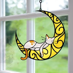 Pet Memorial Gift Cat Suncatchers, Personalized Sleeping Cat On Moon Acrylic Windows Hangings, Cat Decoration, Cat Memorial Gifts, Pearl