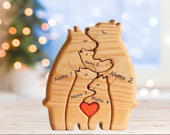 Personalized Gift For Kids, Handcrafted Puzzle Bear name Family Animal Figurines, Wooden Bears Family Puzzle, Gift for home decor