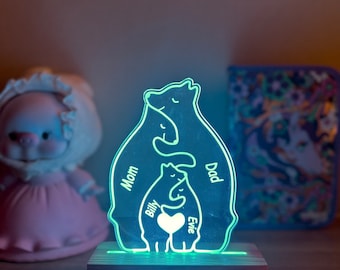 Mother's Day Gift, Bear Family Custom Name Light, Personalized Bedroom LED Bear Decor Sign, Home Gift, Gift for Parents, Home Decor, Pearl