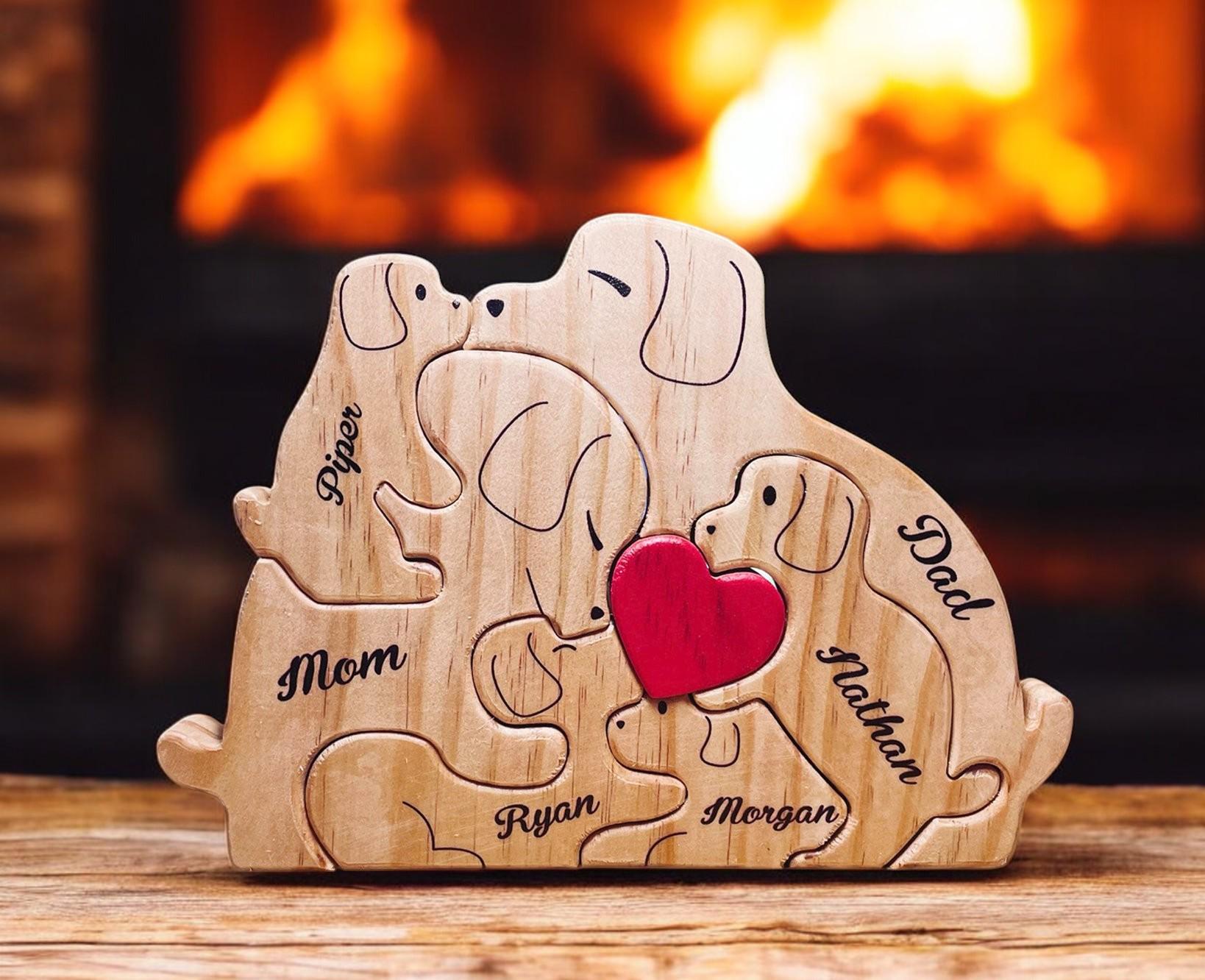 Engraved Wooden Dog Family Puzzle: Personalized Keepsake Gift