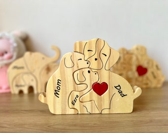 Wooden Dog Family Puzzle, Family Keepsake Gift, Gift for Parents, Animal Family, Family Home Decor, Gift for Kids, Pearl